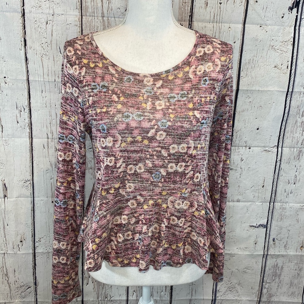 Lauren Conrad Distressed Berry Colored Floral Print Long Sleeve Knit Top- Xs
